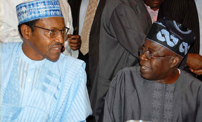 File photo: CPC National leader, Gen. Mohammed Buhari discussing with National Leader of ACN, Bola Tinubu at a meeting in Abuja