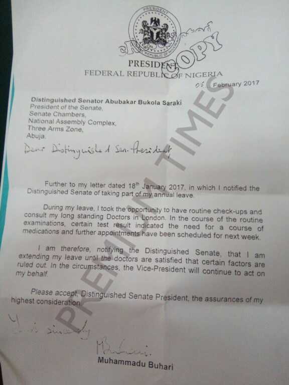 letter leave certificate medical letter Senate Buhari's reasons stating for Read to